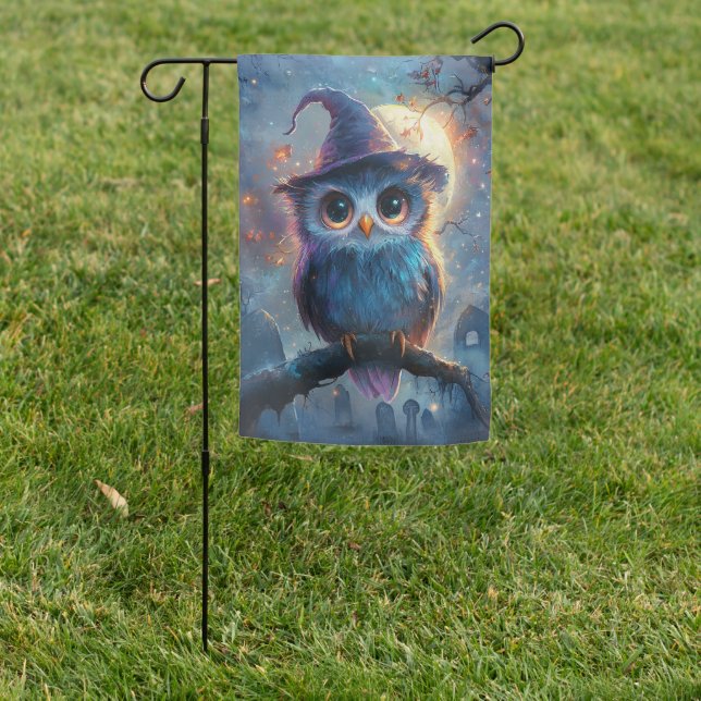 Whimsical Owl in Witch Hat with Full Moon Garden Flag (In SItu)
