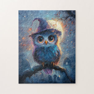 Whimsical Owl in Witch Hat with Full Moon Jigsaw Puzzle