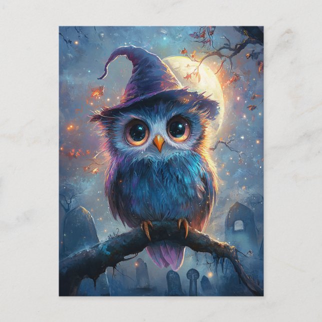 Whimsical Owl in Witch Hat with Full Moon Postcard (Front)