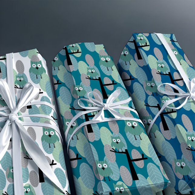 Whimsical Owl Modern Retro Woodland Teal Blue Gray Wrapping Paper Sheets (Playful woodland owls in trendy retro modern style, teal blue green forest graduation gift wrap)
