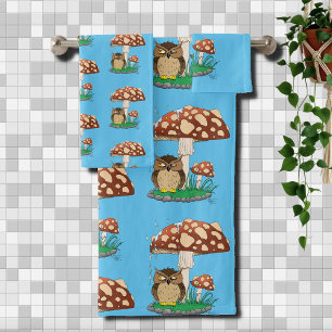 Whimsical Owl Mushroom Rain Shower Blue Bath Towel Set