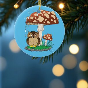 Whimsical Owl Mushroom Rain Shower Blue Ceramic Ornament