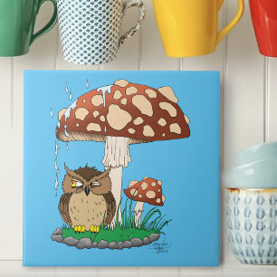 Whimsical Owl Mushroom Rain Shower Blue Ceramic Tile
