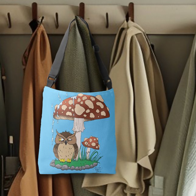 Whimsical Owl Mushroom Rain Shower Blue Crossbody Bag (Creator Uploaded)