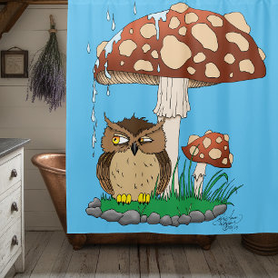 Whimsical Owl Mushroom Rain Shower Blue Curtain
