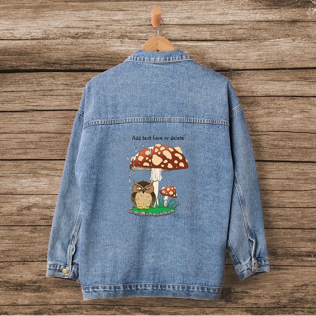 Whimsical Owl Mushroom Rain Shower Blue Denim Jacket (Creator Uploaded)