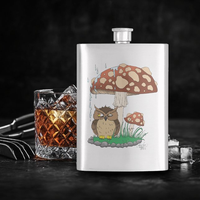 Whimsical Owl Mushroom Rain Shower Blue Flask (Creator Uploaded)