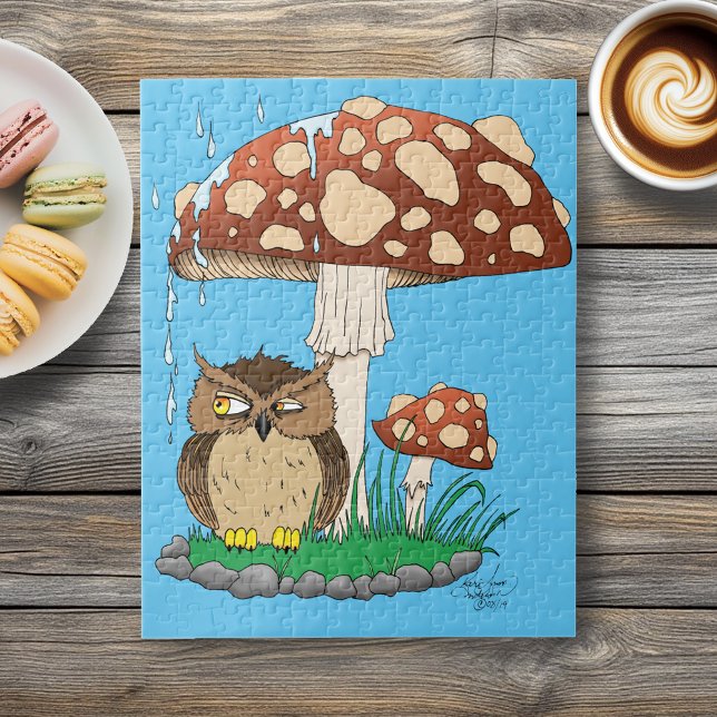 Whimsical Owl Mushroom Rain Shower Blue Jigsaw Puzzle (Creator Uploaded)