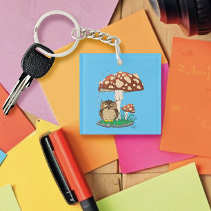 Whimsical Owl Mushroom Rain Shower Blue Keychain