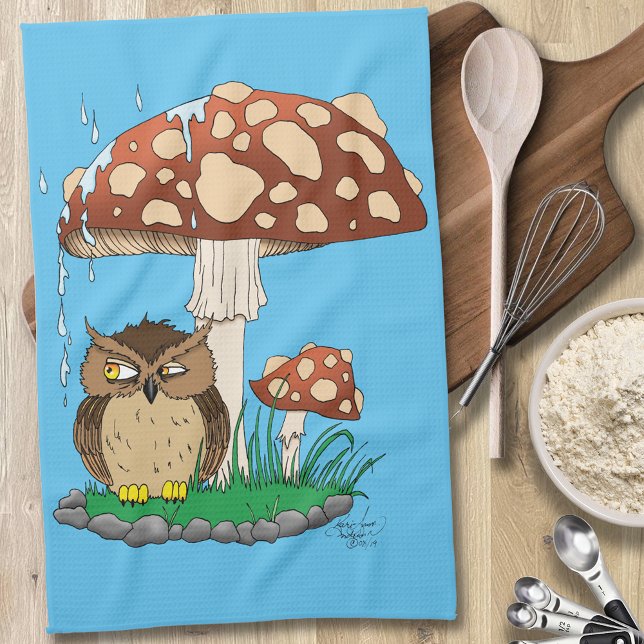 Whimsical Owl Mushroom Rain Shower Blue Kitchen Towel (Creator Uploaded)