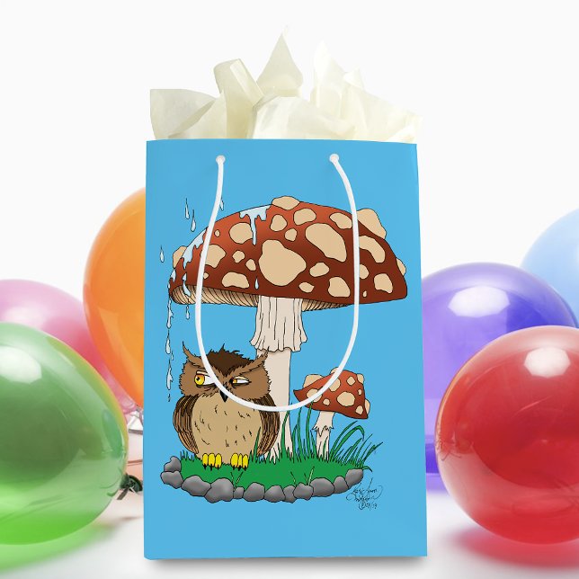 Whimsical Owl Mushroom Rain Shower Blue Medium Gift Bag (Creator Uploaded)