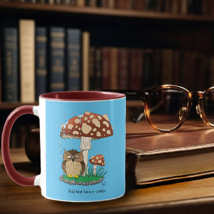 Whimsical Owl Mushroom Rain Shower Blue Mug