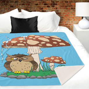 Whimsical Owl Mushroom Rain Shower Blue Sherpa Blanket