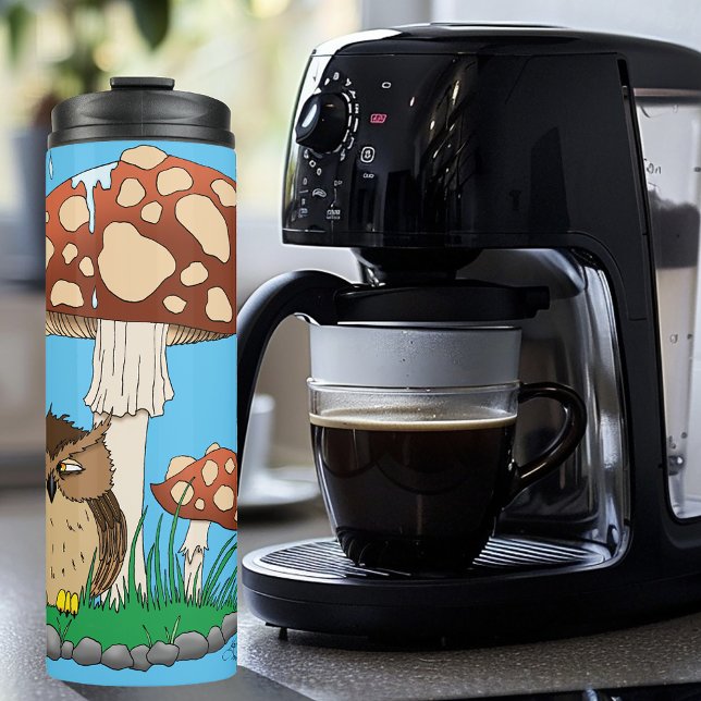 Whimsical Owl Mushroom Rain Shower Blue Thermal Tumbler (Creator Uploaded)