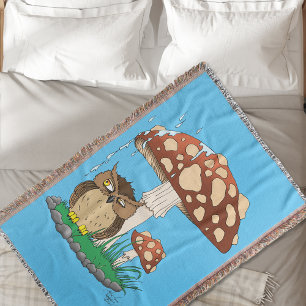 Whimsical Owl Mushroom Rain Shower Blue Throw Blanket