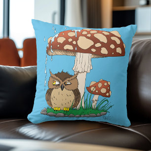 Whimsical Owl Mushroom Rain Shower Blue Throw Pillow