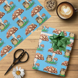 Whimsical Owl Mushroom Rain Shower Blue Wrapping Paper