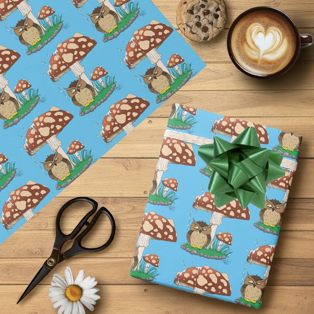 Whimsical Owl Mushroom Rain Shower Blue Wrapping Paper (Creator Uploaded)