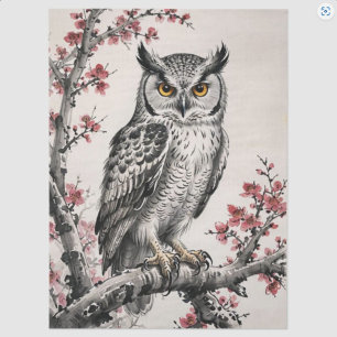 Whimsical Owl on a Branch Ink Painting Tissue Paper