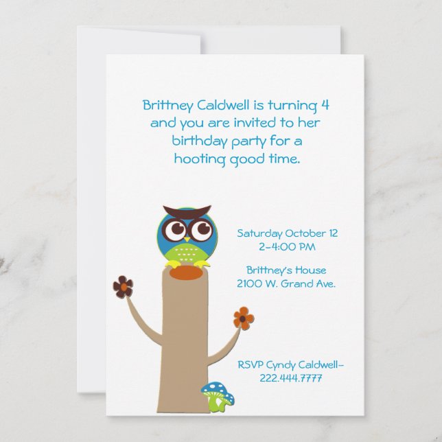 Whimsical Owl on a Tree Birthday Party Invitation (Front)