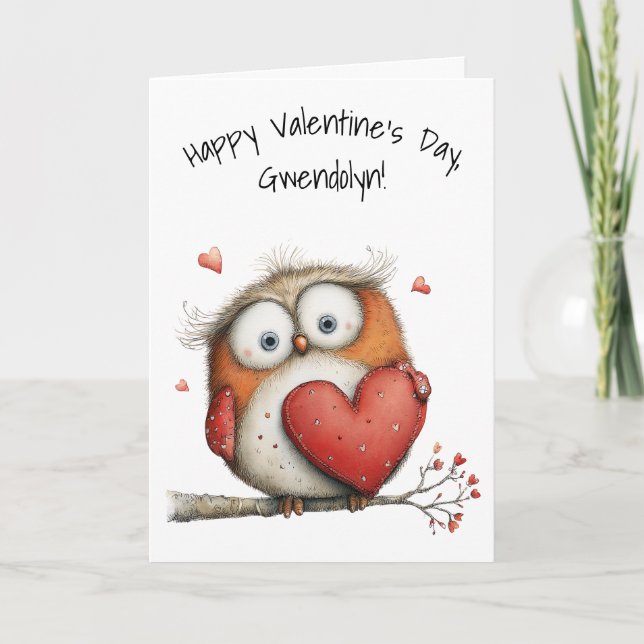 Whimsical Owl on Branch Happy Valentine's Day Card (Front)