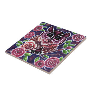 Whimsical Owl on Flowering Branch Pink Blue Ceramic Tile