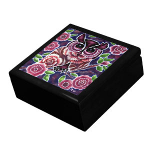 Whimsical Owl on Flowering Branch Pink Blue Gift Box