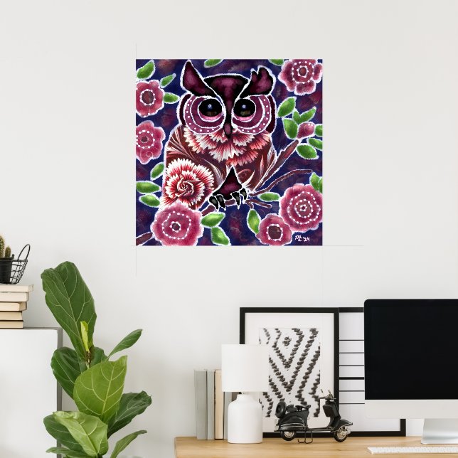 Whimsical Owl on Flowering Branch Pink Blue Poster (Home Office)