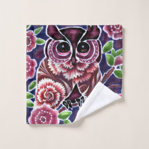 Whimsical Owl on Flowering Branch Pink Blue Wash Cloth
