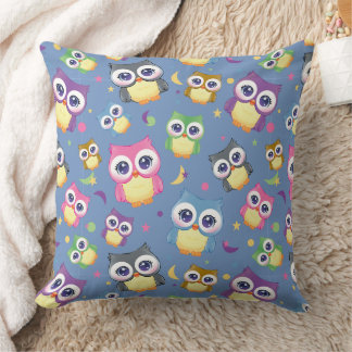 Whimsical Owl Pattern on Blue Home Decor Throw Pillow