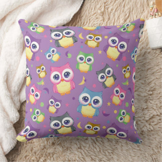 Whimsical Owl Pattern on Purple Home Decor Throw Pillow