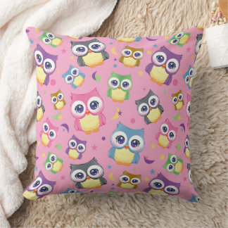 Whimsical Owl Pattern on Purple Home Decor Throw Pillow