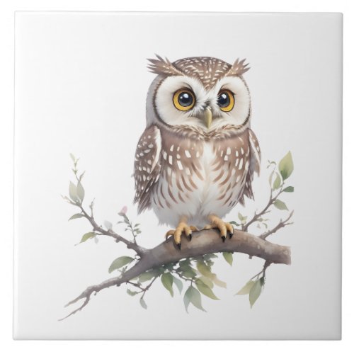 Whimsical Owl Perched in a Tree Ceramic Tile