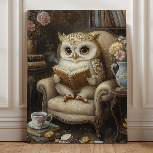 Whimsical Owl Reading Book Lover Art Canvas Print (Creator Uploaded)