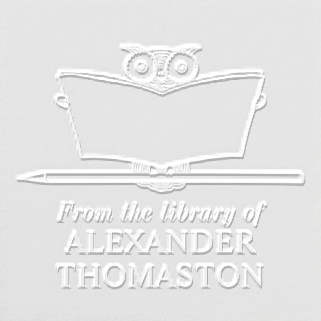Whimsical Owl Reading Large Book Library Name Embosser (Design)