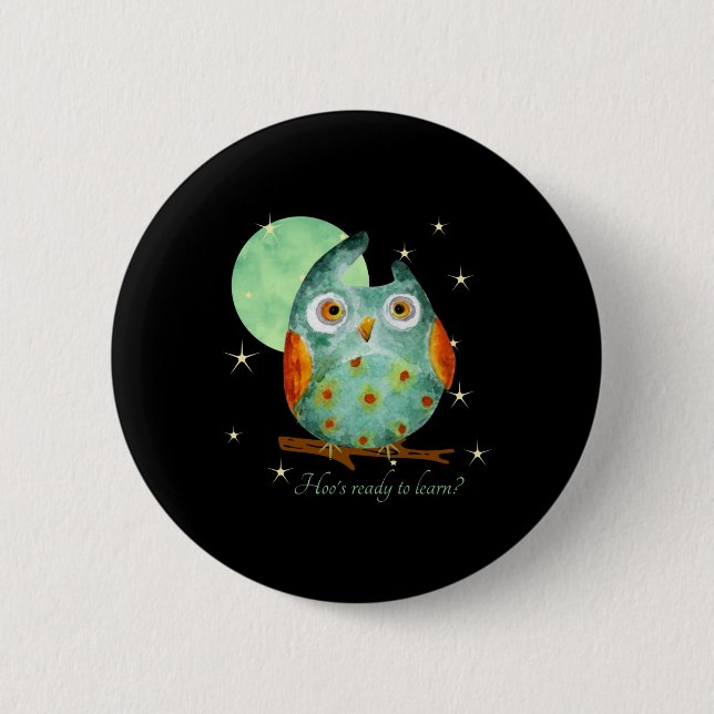 Whimsical Owl Watercolor Style Name School On Back Button (Front)