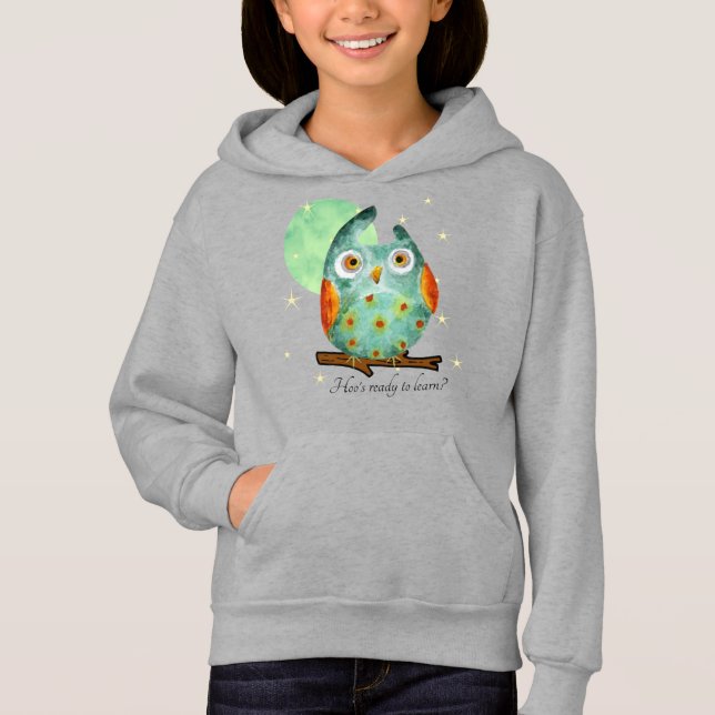 Whimsical Owl Watercolor Style Name School on Back Hoodie (Front)