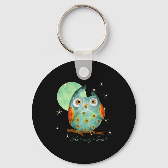 Whimsical Owl Watercolor Style Name School On Back Keychain (Front)