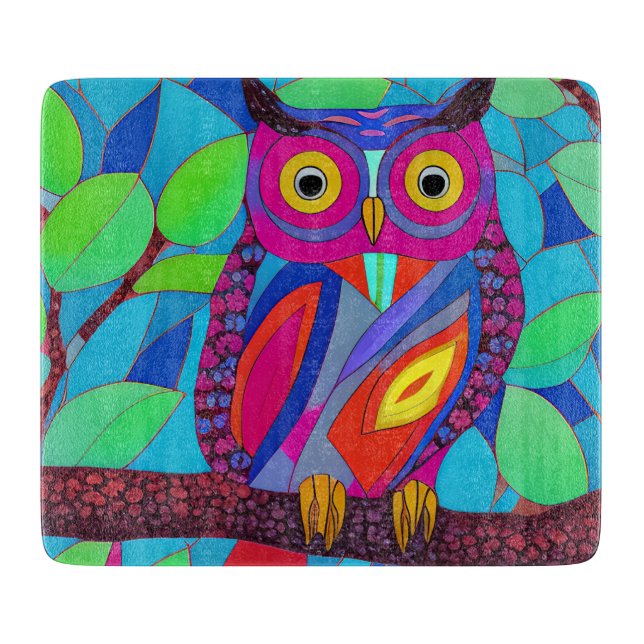 Whimsical Owl with Colorful Feathers Cutting Board (Front)