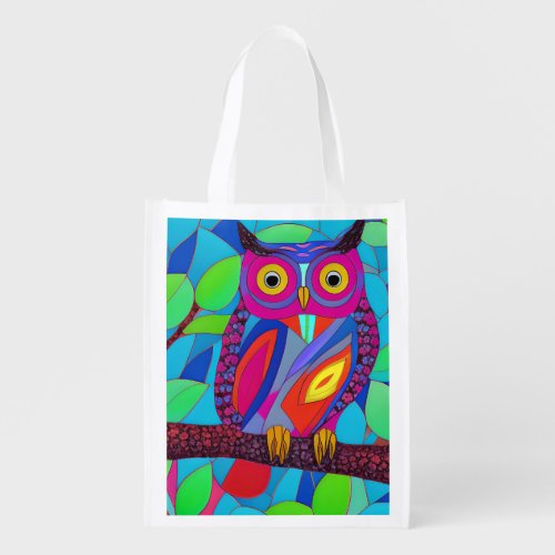 Whimsical Owl with Colorful Feathers Grocery Bag