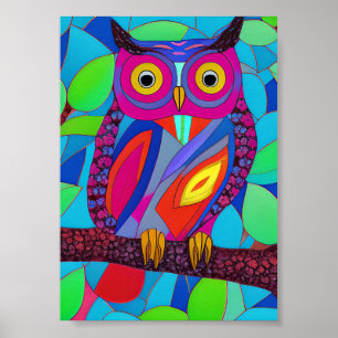 Whimsical Owl with Colorful Feathers Poster