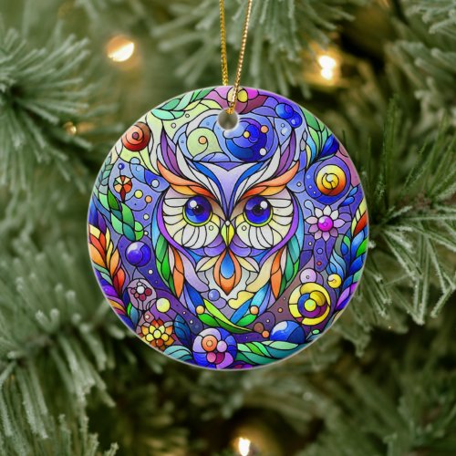 Whimsical Owl With Sapphire Eyes Ceramic Ornament