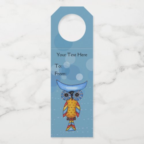 Whimsical Owl Yellow Body Colorful Feathers Circle Bottle Hanger Tag