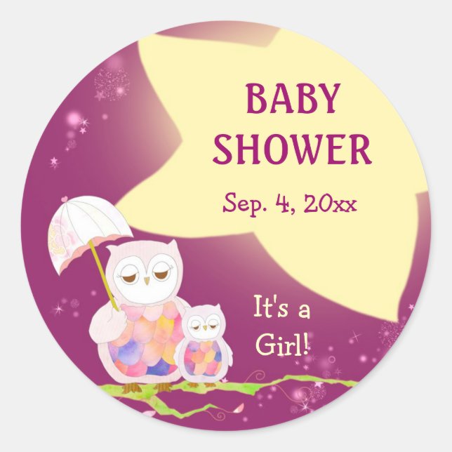 Whimsical Owls Baby Shower Favor Classic Round Sticker (Front)