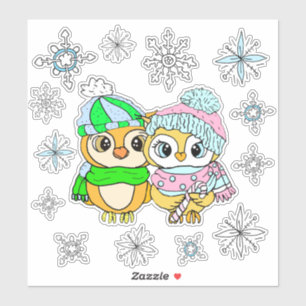 Whimsical Owls Couple and Snowflakes Sticker