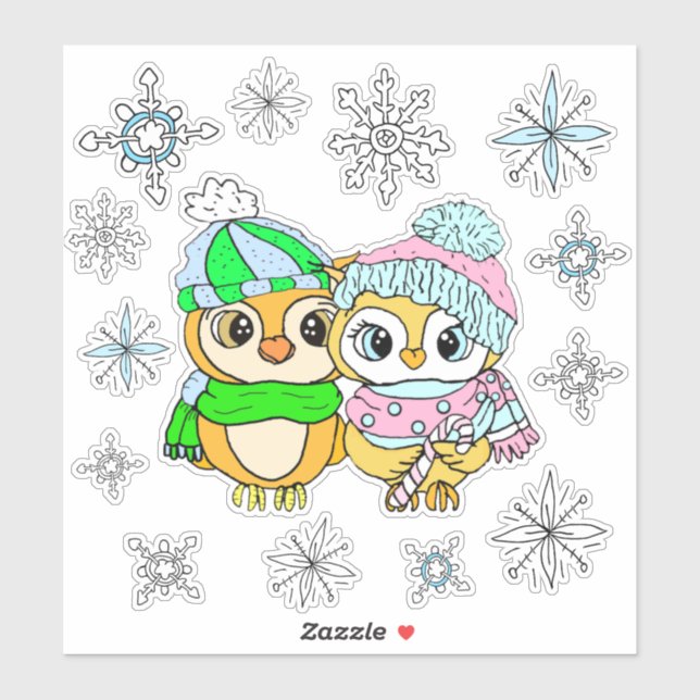 Whimsical Owls Couple and Snowflakes Sticker (Sheet)