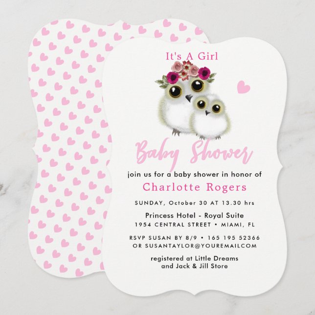 Whimsical Owls Cute Baby Shower Pink Invitation (Front/Back)