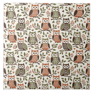 Whimsical Owls in Branches - Cozy Pattern - Illust Ceramic Tile