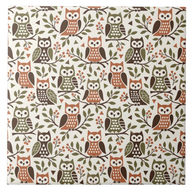 Whimsical Owls in Branches - Cozy Pattern - Illust Ceramic Tile (Front)