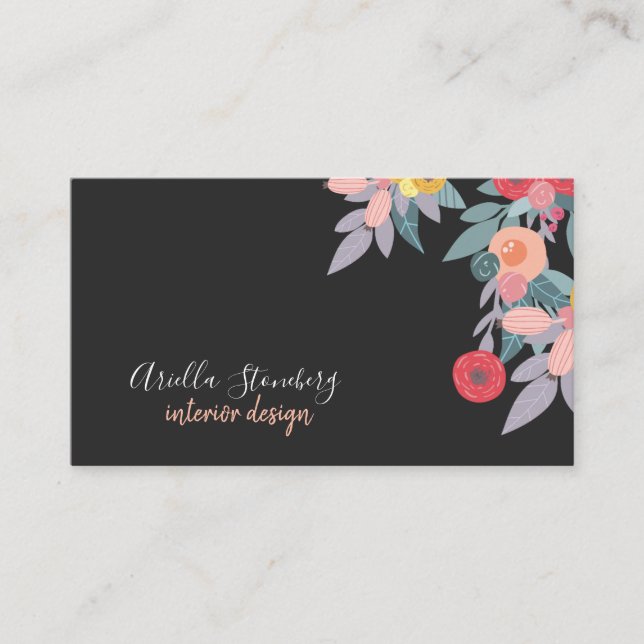 Whimsical Painted Bloom | Floral On Black  Business Card (Front)